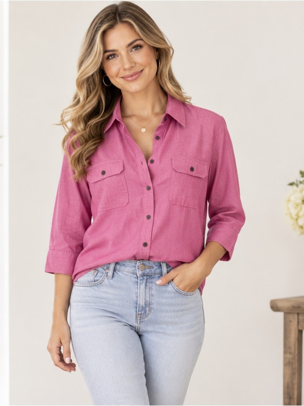 Croft & Barrow Woven 3/4 Sleeve Button Down Blouse Size Medium